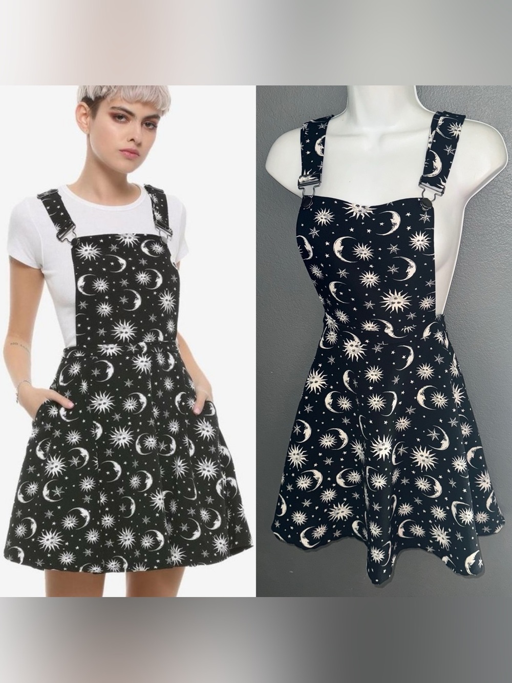Hot Topic Black Celestial Sun Moon Stars Overall Mini Dress Womens Small Medium